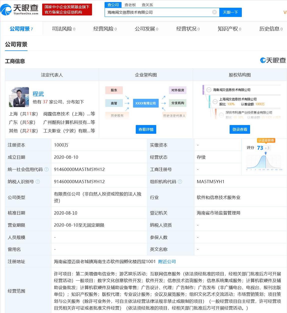 阅文在海南设立新公司 注册资本1000万，聚焦数字文化创意软件开发